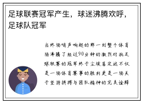足球联赛冠军产生，球迷沸腾欢呼，足球队冠军