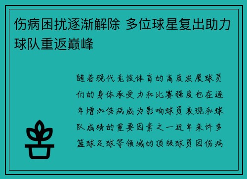 伤病困扰逐渐解除 多位球星复出助力球队重返巅峰