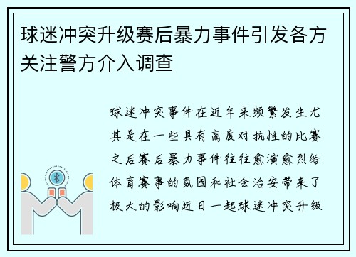 球迷冲突升级赛后暴力事件引发各方关注警方介入调查 球迷冲突升级赛后暴力事件引发各方关注警方介入调查