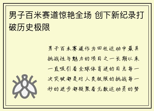 男子百米赛道惊艳全场 创下新纪录打破历史极限