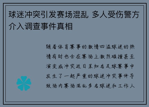 球迷冲突引发赛场混乱 多人受伤警方介入调查事件真相